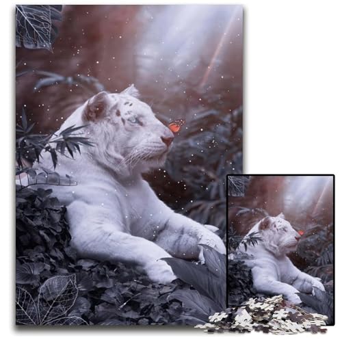 Weißer Tiger im grauen Dschungel Puzzle 1000 Teile für Erwachsene Holzpuzzle für Erwachsene Eltern Partner Freunde Alter 1000 PCS (75 x 50 cm) von ABKXDMZK