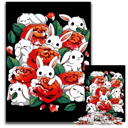 Weißes Kaninchen Rosen Puzzle für 1000 Teile Holzpuzzle für Erwachsene Heimdekoration und Urlaubsspaß 1000 Teile (75 x 50 cm) von ABKXDMZK