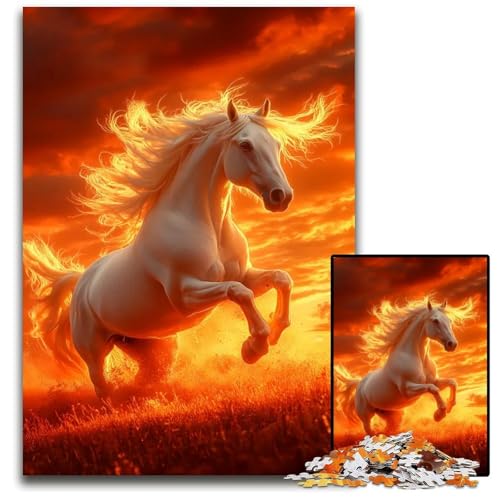 Weißes Pferd Sonnenuntergang Puzzle 1000 Teile Schwierige Puzzles für Erwachsene Interaktives Familienspiel Gehirn Herausforderung Lernspielzeug 1000 PCS (75x50cm) von ABKXDMZK