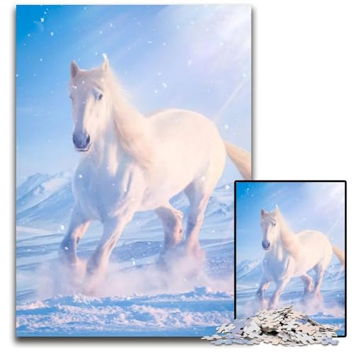 Weißes Pferd im Schnee Puzzle 1000 Teile für Erwachsene Puzzle für Erwachsene anspruchsvolles Denkspiel für Teenager Spaß für den Familienspieleabend 1000 Teile (75 x 50 cm) von ABKXDMZK