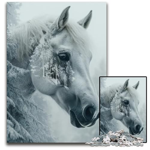 Weißes Pferd im Winter 1000 teiliges Puzzle für Erwachsene Holzpuzzle für Erwachsene für Teenager Familienspieleabend hirnfordernde Geschenkidee 1000 Teile (75 x 50 cm) von ABKXDMZK