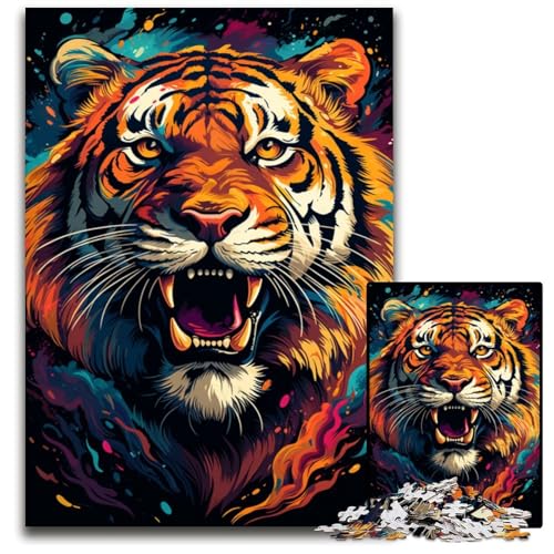 Wildes Gemälde Feuertiger 1000 teiliges Puzzle für Erwachsene Holzpuzzle anspruchsvolles Denkspiel Familienaktivität Heimdekoration 1000 Teile (75 x 50 cm) von ABKXDMZK