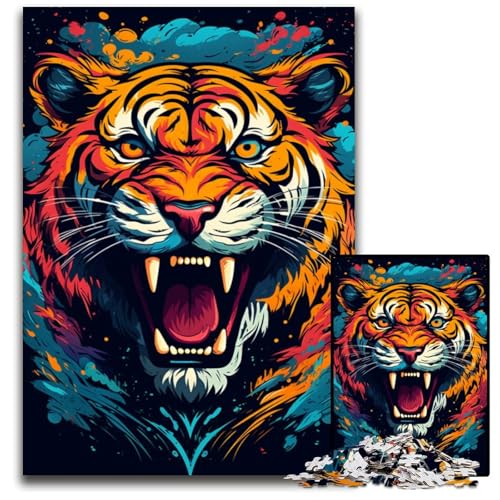 Wildes Gemälde Feuertiger Puzzle 1000 Teile Holzpuzzle für Teenager Familienspieleabend hirnfordernde Geschenkidee 1000 Teile (75 x 50 cm) von ABKXDMZK