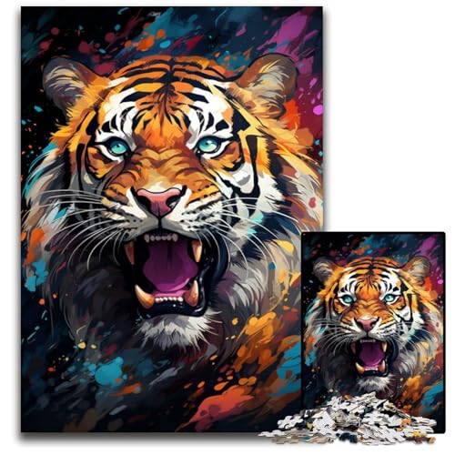 Wildes Gemälde exotischer Tiger 1000 teiliges Puzzle Holzpuzzle für Erwachsene für Teenager und Familien perfekte DIY Dekoration und knifflige Herausforderung 1000 Teile (75 x 50 cm) von ABKXDMZK