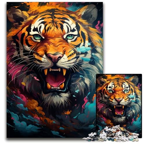 Wildes Gemälde exotischer Tiger Puzzle 1000 Teile für Erwachsene Holzpuzzle farbenfrohe Heimdekoration und interaktives Familienspiel 1000 Teile (75 x 50 cm) von ABKXDMZK