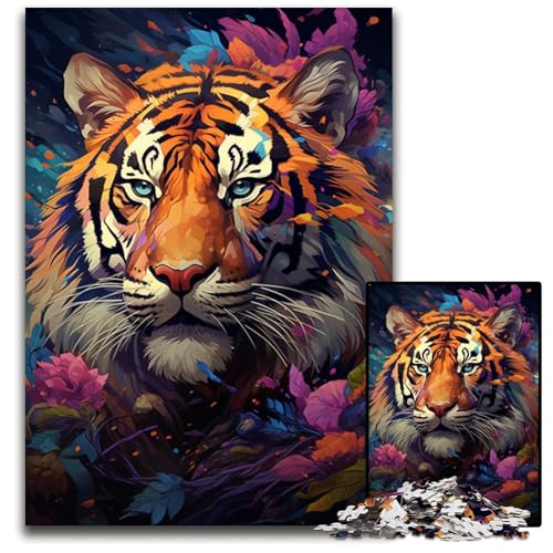 Wildes Tiger Gemälde Puzzle 1000 Teile für Erwachsene Holzpuzzle farbenfrohe Heimdekoration und interaktives Familienspiel 1000 Teile (75 x 50 cm) von ABKXDMZK