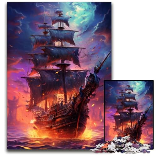 Zukünftiges farbenfrohes psychedelisches Piratenschiff Puzzle für 1000 Teile Holzpuzzle Denksportaufgabe für Teenager und Familieninteraktion 1000 Teile (75 x 50 cm) von ABKXDMZK