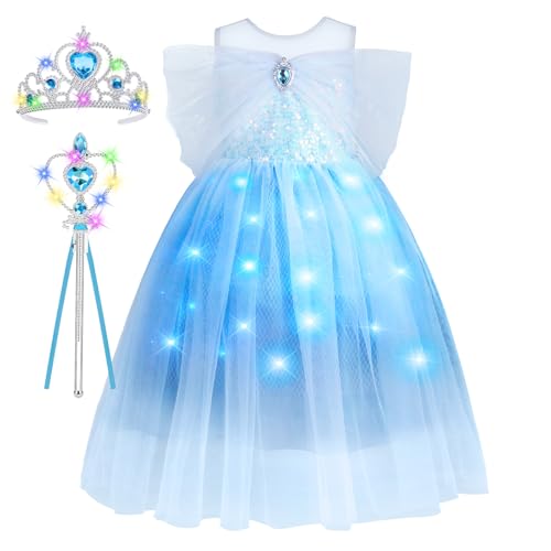 ABOHU LED Leuchtend Prinzessin Kleid Mädchen, 3 Stück Spitze Prinzessin Kleid Fee Verkleidung mit Krone Zauberstab, Princesscostume Cosplay für Karneval, Weihnachten, Halloween Geburtstag Party von ABOHU