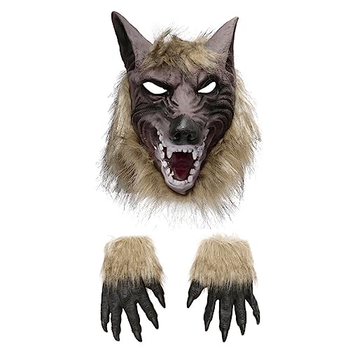 ABOOFAN 1 Satz Wolf-handschuh-maske Werwolf-anziehmaske Halloween-dämonenmasken Halloween-cosplay-accessoire Wolfsmaske Und Klauenhandschuhe Fursuit-kopf Behaart Mann Vinyl Tierischer Wolf von ABOOFAN