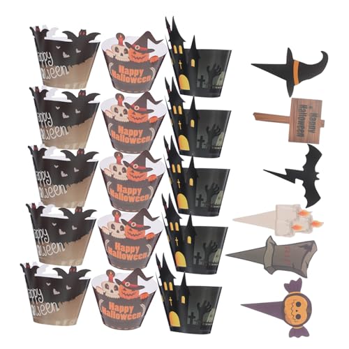 ABOOFAN 2 Sätze Spooky Muffin Liners und Dekorationen mit Geistern Kürbissen Totenköpfen und Fledermäusen für Party und Feiern von ABOOFAN