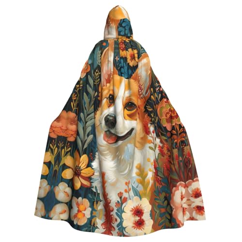 ABYchdd Corgi Kapuzenumhang mit Blumenmuster, Frühlingsgarten-Druck, Halloween, Erwachsene, Unisex, Kapuzenmantel, langer Umhang für Cosplay/Party von ABYchdd