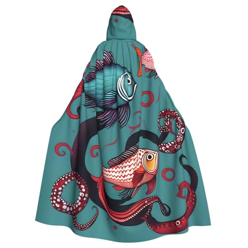ABYchdd Kapuzenumhang mit Fisch- und Oktopus-Druck, für Erwachsene, Unisex, langer Umhang für Cosplay/Party von ABYchdd