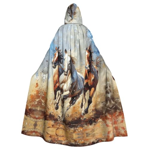 ABYchdd Kapuzenumhang mit Pferden, laufender Kunstdruck, Halloween, Erwachsene, Unisex, mit Kapuze, langer Umhang für Cosplay/Party von ABYchdd