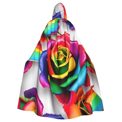 ABYchdd Kapuzenumhang mit Regenbogen-Rosen-Blumendruck, Unisex, langer Umhang für Cosplay/Party von ABYchdd
