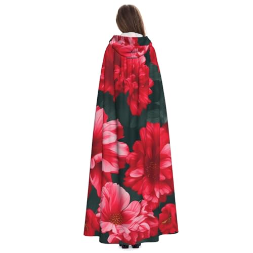 ABYchdd Kapuzenumhang mit rot-rosafarbenem Blumendruck, für Erwachsene, Halloween, ideal für Cosplay, Partys und mehr von ABYchdd