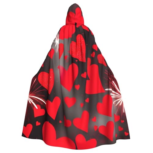 ABYchdd Rote Herzen Feuerwerk Druck Halloween Erwachsene Kapuzenumhang Unisex Kapuzenmantel Umhang Langer Umhang für Cosplay/Party von ABYchdd