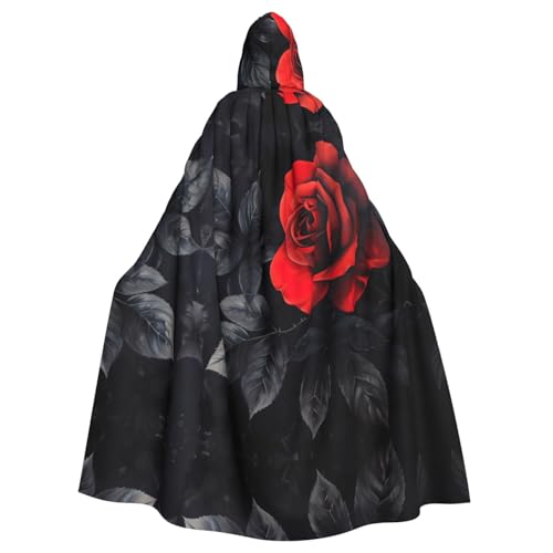 ABYchdd Rote Rose und schwarze Blätter Druck Halloween Erwachsene Kapuzenumhang Unisex Kapuzenmantel Umhang langer Umhang für Cosplay/Party von ABYchdd