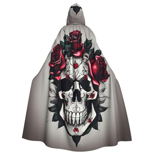 ABYchdd Roter Rosen-Totenkopf-Aufdruck, Halloween, Erwachsenen-Kapuzenumhang, Unisex, langer Umhang für Cosplay/Party von ABYchdd