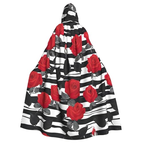 ABYchdd Schwarz-weiße Streifen, rote Rosen-Blumen-Druck, Halloween, Erwachsenen-Kapuzenumhang, Unisex, langer Umhang für Cosplay/Party ABYchdd Schwarz-weiße Streifen, rote Rosen-Blumen-Druck, Halloween, Erwachsenen-Kapuzenumhang, Unisex, langer Umhang für Cosplay/Party von ABYchdd
