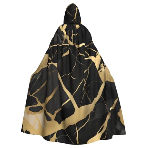 ABYchdd Schwarzer Marmor-Textur, goldfarbener Druck, Halloween-Umhang mit Kapuze, Unisex, langer Umhang für Cosplay/Party von ABYchdd