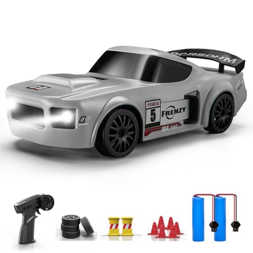 ACAMMZAR Ferngesteuertes Auto, 1:24 20KM/H RC Drift Car, 4WD RC Auto mit LED-Leuchten, Zwei Batterien, für ab 4,5,6,7,8 + Jahre Kinder und Erwachsene, Grau von ACAMMZAR
