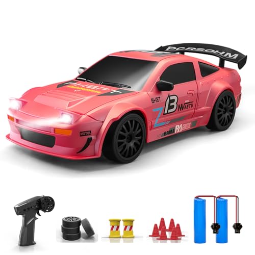 ACAMMZAR Ferngesteuertes Auto, 1:24 20KM/H RC Drift Car, 4WD RC Auto mit LED-Leuchten, Zwei Batterien, für ab 4,5,6,7,8 + Jahre Kinder und Erwachsene, Rosa von ACAMMZAR
