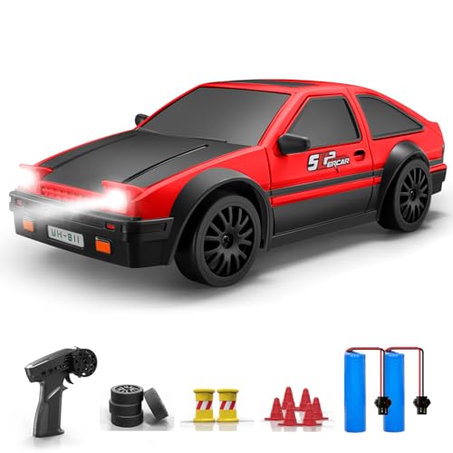 ACAMMZAR Ferngesteuertes Auto, 1:24 20KM/H RC Drift Car, 4WD RC Auto mit LED-Leuchten, Zwei Batterien, für ab 4,5,6,7,8 + Jahre Kinder und Erwachsene, Rot und Schwarz von ACAMMZAR