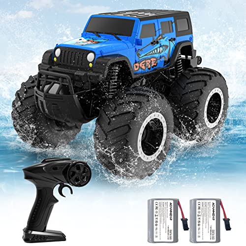 ACAMMZAR Amphibisches ferngesteuertes Auto für Kinder, 2.4GHz 4WD 360° Drehung Wasserdichtes Monster Truck für Jungen All Terrain Off-Road RC Auto mit 2 Batterien 4 5 6 7 8 9 Jungen Mädchen, Blau von ACAMMZAR