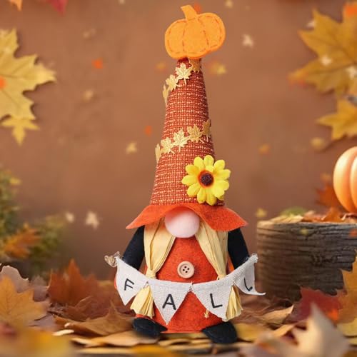 ACAREY Autumn Decorative GNOME with Pumpkin Sunflower Maple Leaf Rattan Hat for Thanksgiving Home Table Decor (A) von ACAREY