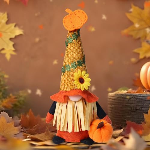 ACAREY Autumn Decorative GNOME with Pumpkin Sunflower Maple Leaf Rattan Hat for Thanksgiving Home Table Decor (B) von ACAREY