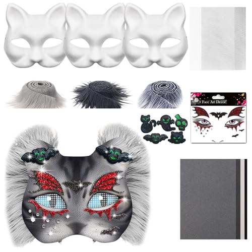ACAREY Tiermasken zum Bemalen, DIY Therian Maske Set mit Blanko Katzenmaske, Kunstpelz, Augennetz und Filztuch, Furry Katzen Maske für Halloween, Karneval, Maskerade, Party Cosplay (Fledermäuse) von ACAREY