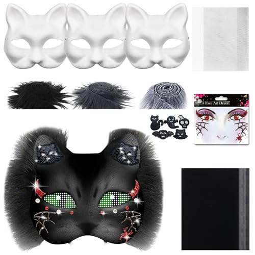 ACAREY Tiermasken zum Bemalen, DIY Therian Maske Set mit Blanko Katzenmaske, Kunstpelz, Augennetz und Filztuch, Furry Katzen Maske für Halloween, Karneval, Maskerade, Party Cosplay (Spinnen) von ACAREY
