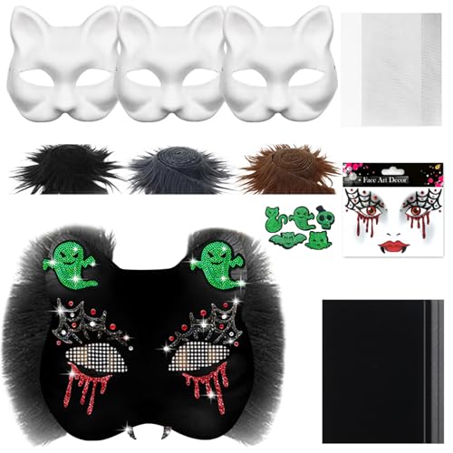 ACAREY Tiermasken zum Bemalen, DIY Therian Maske Set mit Blanko Katzenmaske, Kunstpelz, Augennetz und Filztuch, Furry Katzen Maske für Halloween, Karneval, Maskerade, Party Cosplay (Vampire) von ACAREY