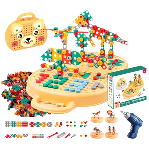 Montessori Spielzeugkiste Mit Bohrmaschine, 204 Stück Montessori-Spielwerkzeugkasten Bär Mit Bohrer, Mosaik-Puzzlespielzeug, Puzzle Ab 3|4-12 Jahre Spielzeug Schraubenwerkzeugset Für Kinder (Gelb) von ACAREY