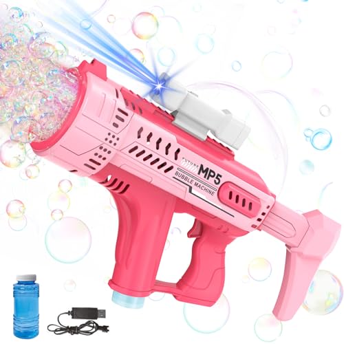 Seifenblasenmaschine Seifenblasenpistolefür Kinder 57 Loch Burst-Weltraumblasenmaschine, Bunte Licht Blasenmaschine Mit Lithiumbatterie, Abnehmbare Seifenblasenmaschine, MP5-Blasenmaschine (Rosa) von ACAREY