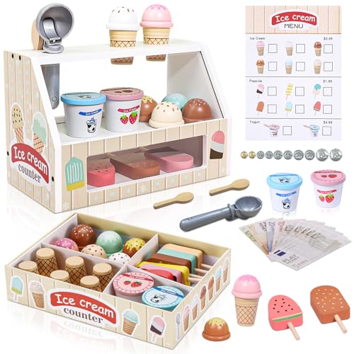 ACELIFE Eisdiele Holz, Holzspielzeug für Kinder Einkaufsladen Kinderküche Zubehör Montessori Spielzeug Weihnachten Geschenk Eisladen ab 3-6 Jahren von ACELIFE