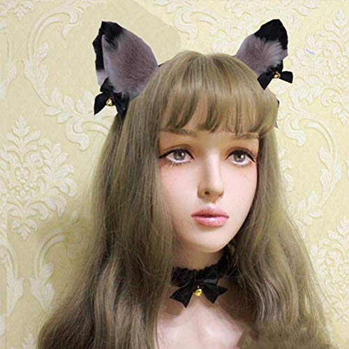 ACOGEDO Niedliches Cosplay Plüsch Pelzkatze Ohren Stirnband mit Jingle Bell und Bändern für Mädchen Damen Kostümzubehör (Grau plus Schwarzgrau in Schwarz) von ACOGEDO