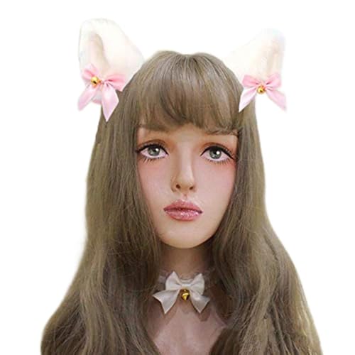 ACOGEDO Niedliches Cosplay Plüsch Pelzkatze Ohren Stirnband mit Jingle Bell und Bändern für Mädchen Damen Kostümzubehör (Weißes Haar, weißes Pulver) von ACOGEDO