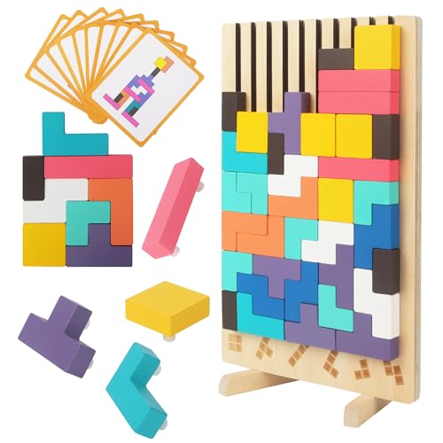 Intelligenz Puzzle, Tetris Holzpuzzle Kinder, 3D Puzzle Tetris Spiel, mit 10 Karten, Montessori-Spiele 3 4 5 6 Jahre, 3 in 1 Tangram Holzpuzzle Kinder, Geschenke, Geburtstag, Weihnachten von ACOMTUO