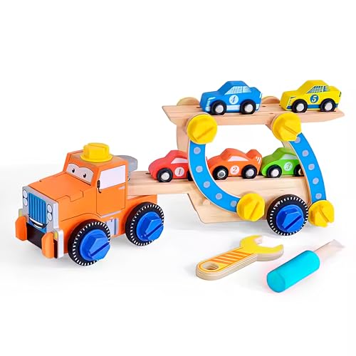 Holz Autotransporter mit Autos für Kinder, Montessori Spielzeug, Bauklötze mit Schraubendreher & Schraubenschlüssel, Abschleppwagen mit beweglicher Laderampe – Montessori Lernspielzeug ab 3 Jahren Holz Autotransporter mit Autos für Kinder, Montessori Spielzeug, Bauklötze mit Schraubendreher & Schraubenschlüssel, Abschleppwagen mit beweglicher Laderampe – Montessori Lernspielzeug ab 3 Jahren von ACOOL TOY