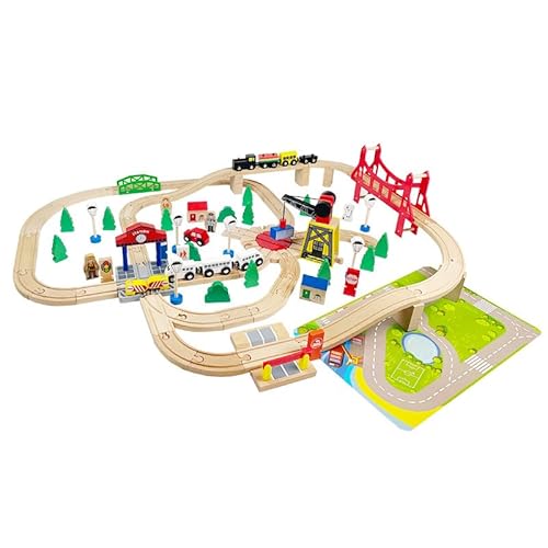 Montessori Holz Eisenbahn Set City Train – 44-teiliges Deluxe Set mit Brücke, Flughafen & Zubehör – Kreatives Spielzeug für Kinder ab 3 Jahren (100-Piece Set) von ACOOLTOY