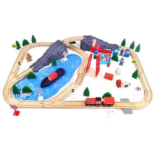 ACOOLTOY Montessori Holz Eisenbahn Set My Busy Town – 80-teiliges Deluxe Set mit Brücke, Hafen & Zubehör – Lernspielzeug ab 2 3 4 5 Jahren – Top Geschenkidee für Kinder von ACOOLTOY