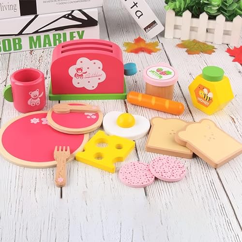 Montessori Holzspielzeug Frühstücks-Set für Kinder ab 2 3 4 5 Jahren – 15-teilige Set mit Toaster, Tasse & Lebensmitteln – Kreatives Küchenspielzeug für Rollenspiele | Geburtstagsgeschenk für Kinder von ACOOLTOY