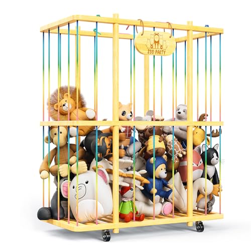 ACOSIY Extra großer Stofftier-Organizer, Bambus-Zoo-Aufbewahrungskäfig, Stofftierhalter mit Rädern, Plüschtier-Aufbewahrungs-Organizer, Stofftier-Aufbewahrung für Spielzimmer (Bambus) von ACOSIY