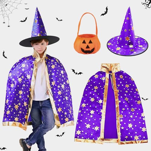 ACTOYS Halloween Kostüm für Kinder, Zauberer Umhang mit Hut, Kürbis Candy Bag - Hexe Kostüm für Jungen und Mädchen (Lila) von ACTOYS