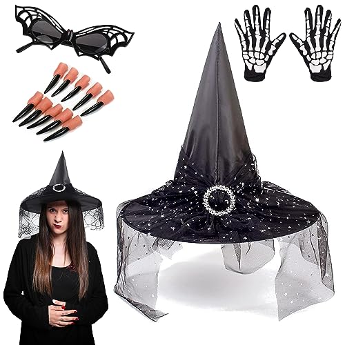 ACTOYS Hexe Hut Kostüm Set, Hexenhut Damen Schwarz, Halloween Zubehör, Hexenkostüm Zubehör, Erwachsene Kinder, Hexehut Deko, Maskerade-Cosplay von ACTOYS