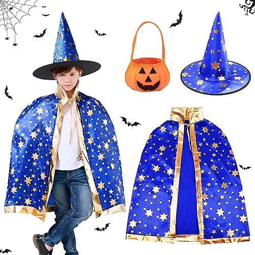 ACTOYS Kinder Halloween Kostüm, Hexen Mantel, Zauberer Umhang mit Hut für Kinder, für Cosplay Verkleidung Fasching Karneval Halloween Geburtstagsparty (Blau) von ACTOYS