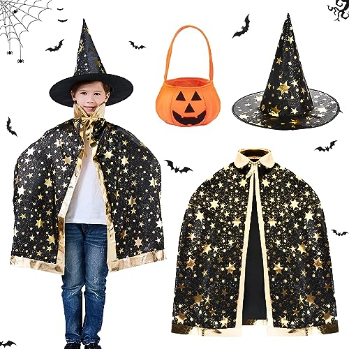 ACTOYS Kinder Halloween Kostüm, Hexen Mantel, Zauberer Umhang mit Hut für Kinder, für Cosplay Verkleidung Fasching Karneval Halloween Geburtstagsparty (Schwarz) von ACTOYS