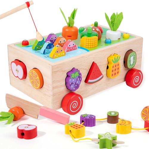 ACTOYS Montessori Spielzeug ab 1 Jahr, 7-In-1 Bauernhof Spielzeug, Holzspielzeug Lernspielzeug Angelspiel Magnetisch Fädelspiel Formanpassung Spiel, Geschenk für 1 2 3 4 5 Jahre Mädchen Junge von ACTOYS