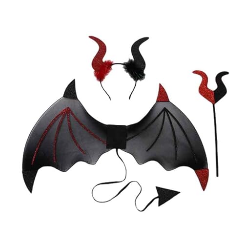 ACTOYS Teufel Kostüm Damen, 3 PCS Engel Teufel Kostüm Set, Teufelshörner, Teufelsflügel, Teufelsgabel, Devil Costume Kinder , Teufels Zubehör für Halloween Karneval Cosplay Party (Rötlichschwarz) von ACTOYS